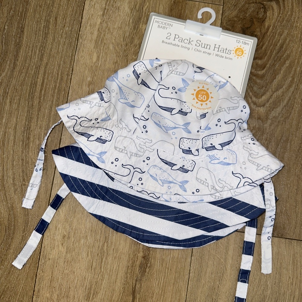 Modern Baby 2 Pack Sun Hats Breathable Liningโ Chin Strap Wide Brim 12-18 Mo UPF